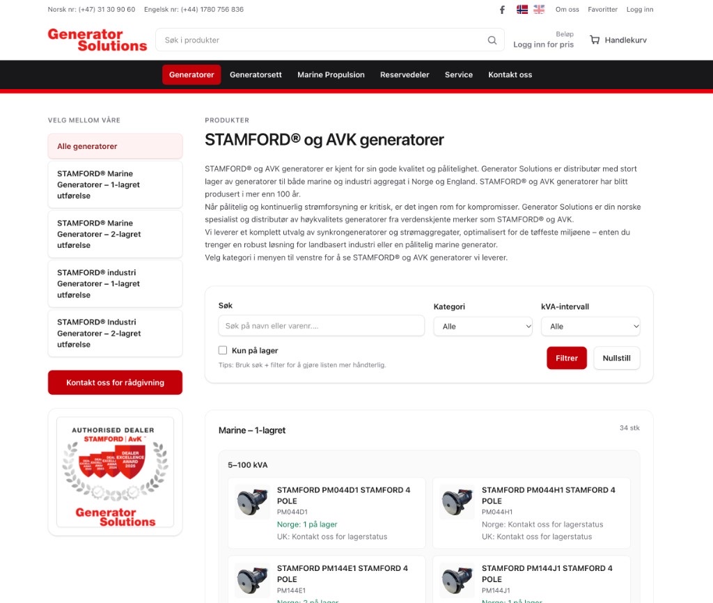 Skjermbilde av nettbutikken til Generator Solutions, med produktkatalog og lagerstatus for Norge og England