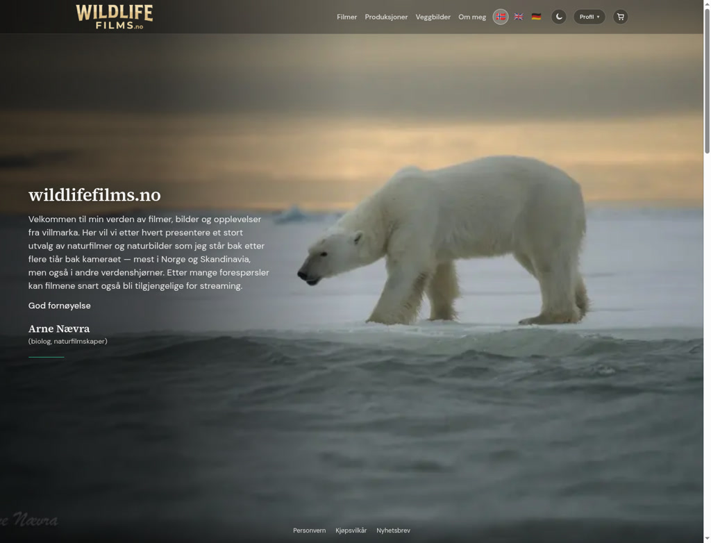 Skjermbilde av wildlifefilms.no med hero-bilde av isbjørn på Svalbard og velkomsttekst fra Arne Nævra
